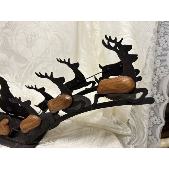 Vintage Christmas Santa Sleigh Reindeer Silhouette Metal Wood 4 Candle Holder - Picture 10 of 12